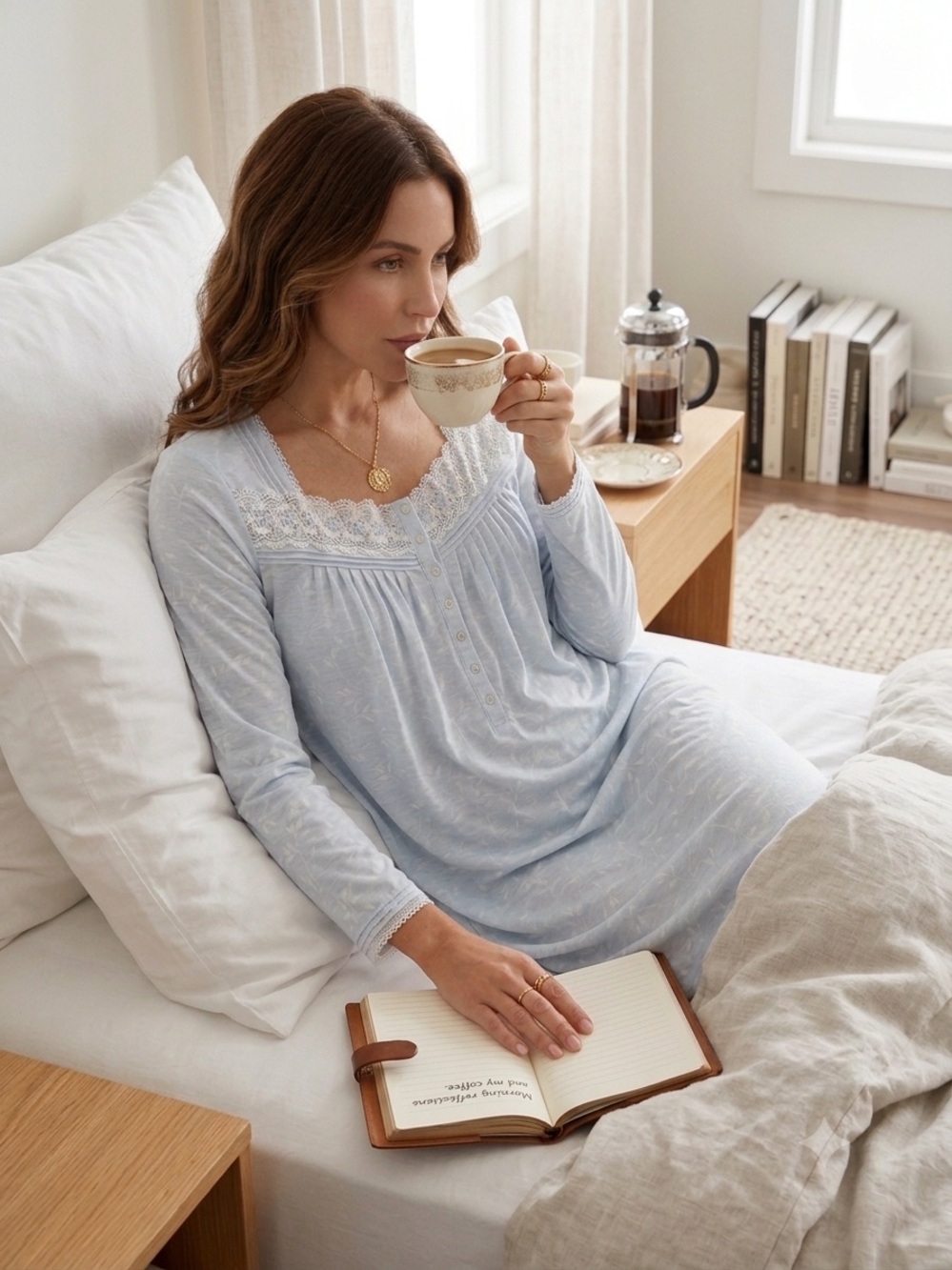Eileen West Light Blue Lace-Trim Long Sleeve Nightgown